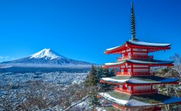 富士山俊俏的山峰和灯塔风景壁纸