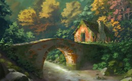 森林小溪桥小房屋油画风景壁纸