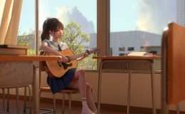 校园女孩在教室弹吉他动漫壁纸