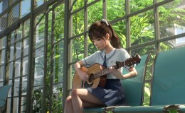 校服女孩坐长椅上弹吉他动漫壁纸