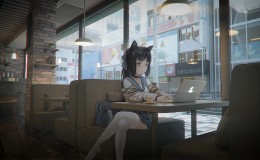 百褶裙女孩咖啡店玩电脑动漫壁纸